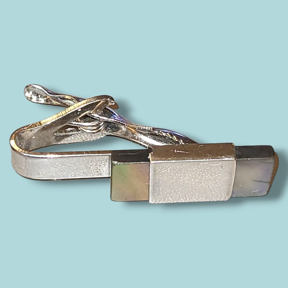 Vintage Men's Tie Clip Bar Silver Tone & Abalone Mother of Pearl